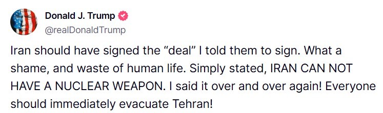 Mensaje de Donald Trump sobre Irán este lunes 16 de junio.