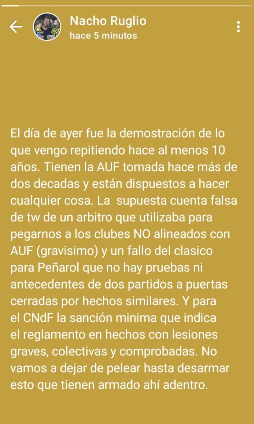 Estado de WhatsApp de Ruglio por fallo del clásico del Intermedio 2025