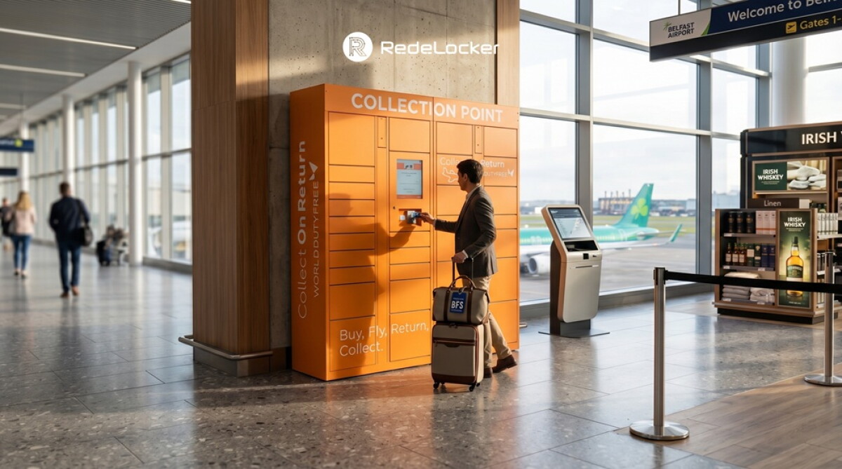 Locker real ubicado en el Aeropuerto de Belfast ambientada con IA.