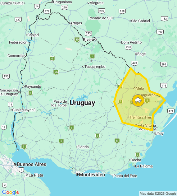Advertencia amarilla por tormentas fuertes emitida este domingo 15 de febrero de 2026