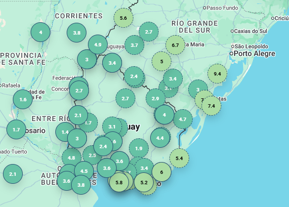 Mapa de temperaturas de Inumet para el 23/06/2025.