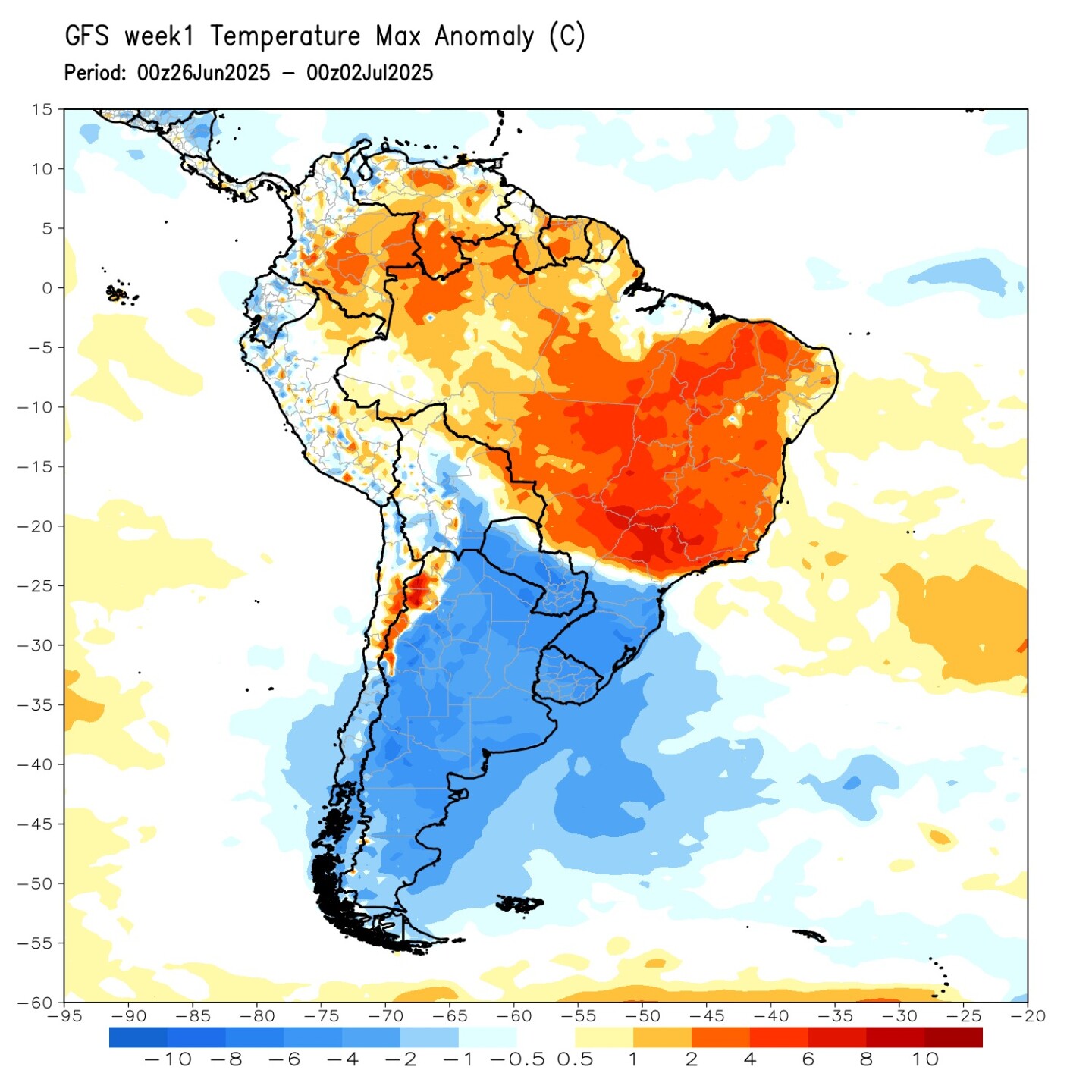 Mapa que muestra anomalías de temperatura en la región para los próximos días.