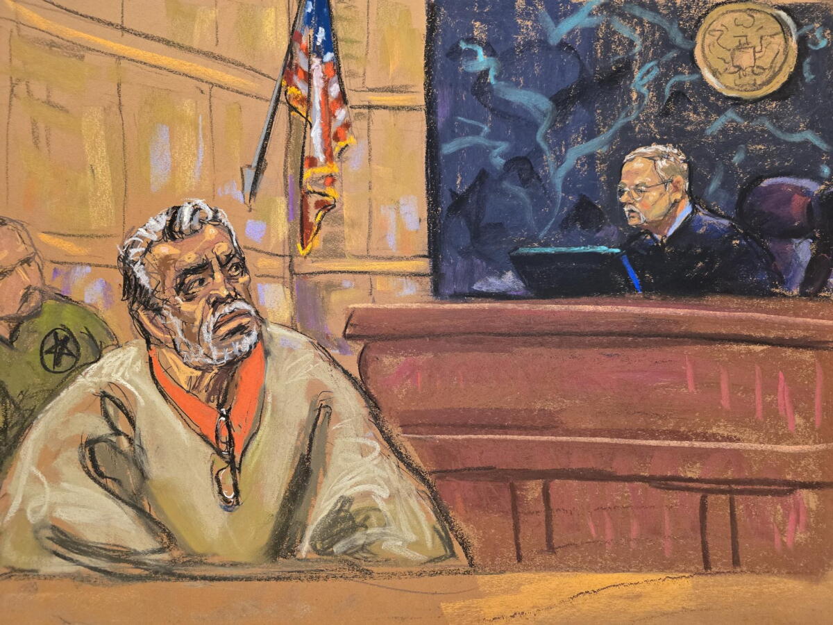 Dibujo del juez Brian Cogan frente al narcotraficante mexicano Ismael "Mayo" Zambada durante el juicio realizado en el Tribunal Federal de Brooklyn, en Nueva York, el 18 de octubre de 2024.