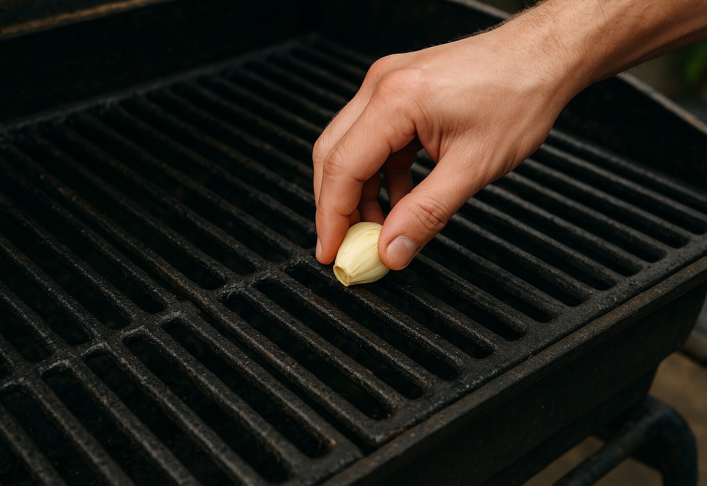 Persona frotando un diente de ajo sobre una parrilla antes de hacer un asado.