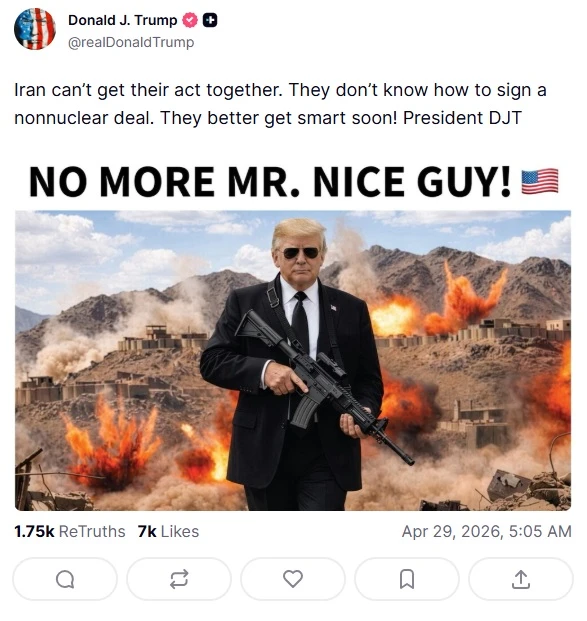 Posteo de Donald Trump sobre Irán en Truth Social.