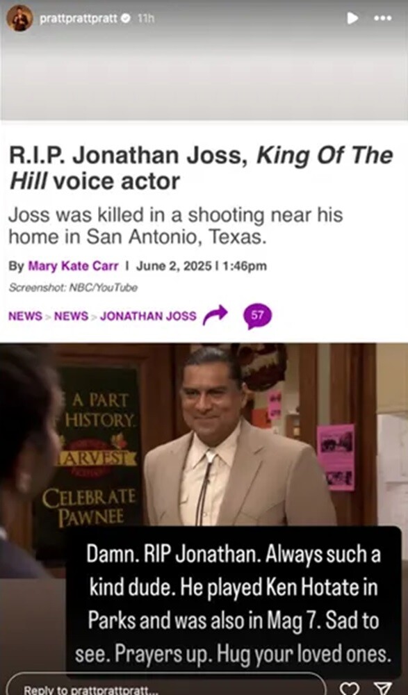 Historia de Instagram de Chris Pratt por la muerte de Jonathan Joss.