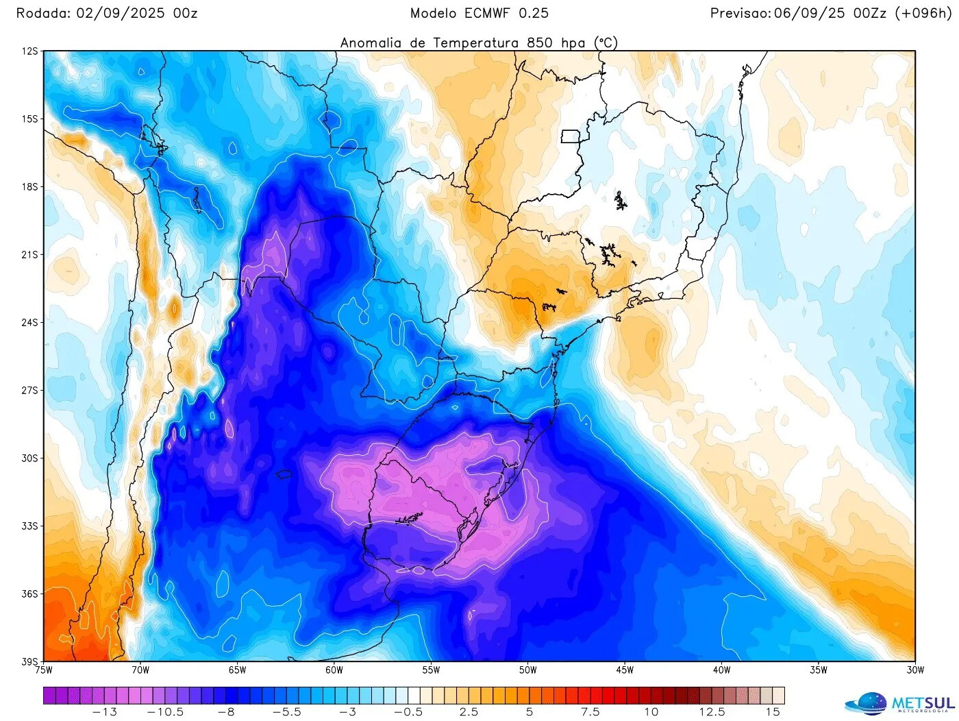 Anomalías de temperaturas esperadas para el sábado 6 de setiembre.