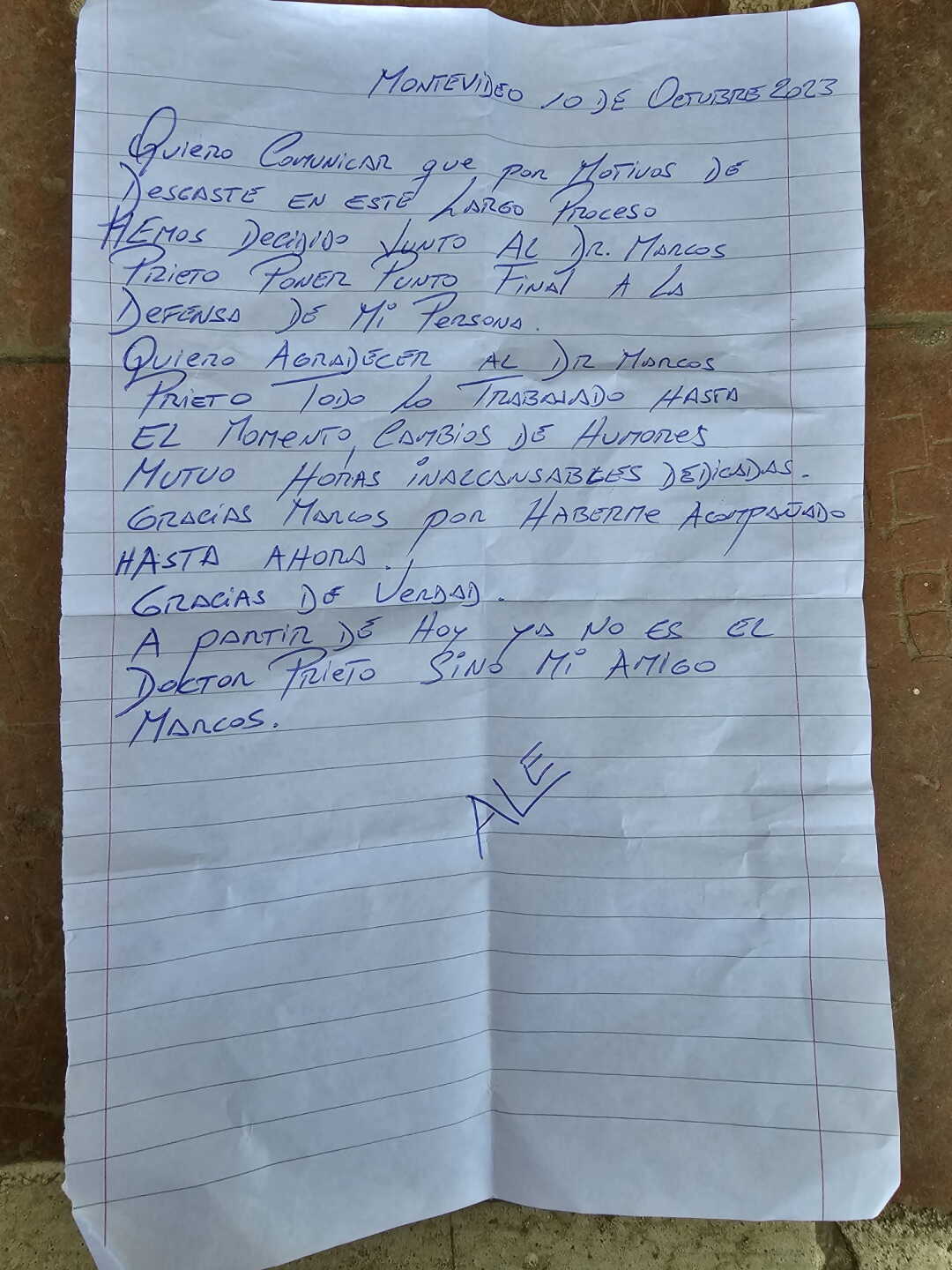 Carta de Alejandro Astesiano, despidiéndose de su abogado