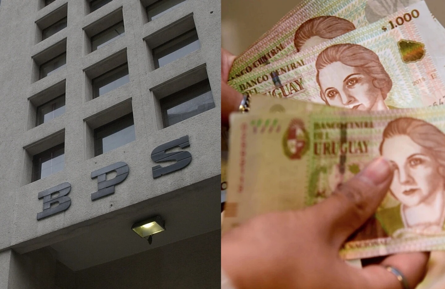 Fachada del edificio de BPS junto a billetes de 1.000 pesos uruguayos.