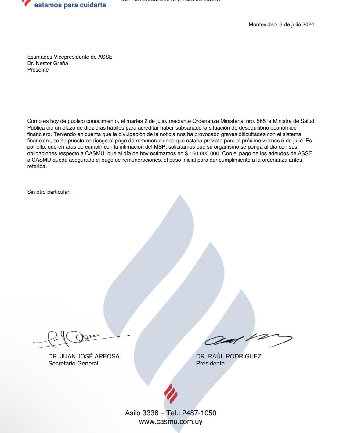Carta que envió Casmu a ASSE, el 3 de julio de 2024.