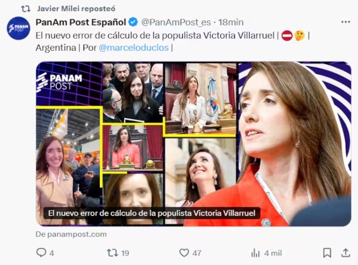 Retuit de Milei del video contra la vicepresidenta.