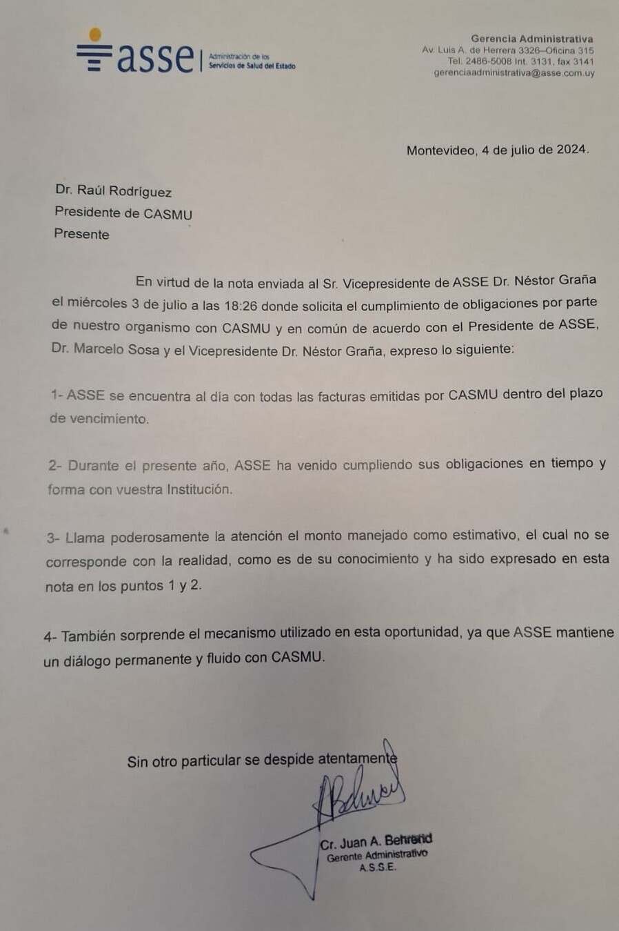 Carta que ASSE envió a Casmu, el 4 de julio de 2024.