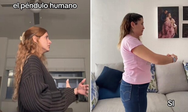 Tiktokers haciendo el reto del péndulo humano.