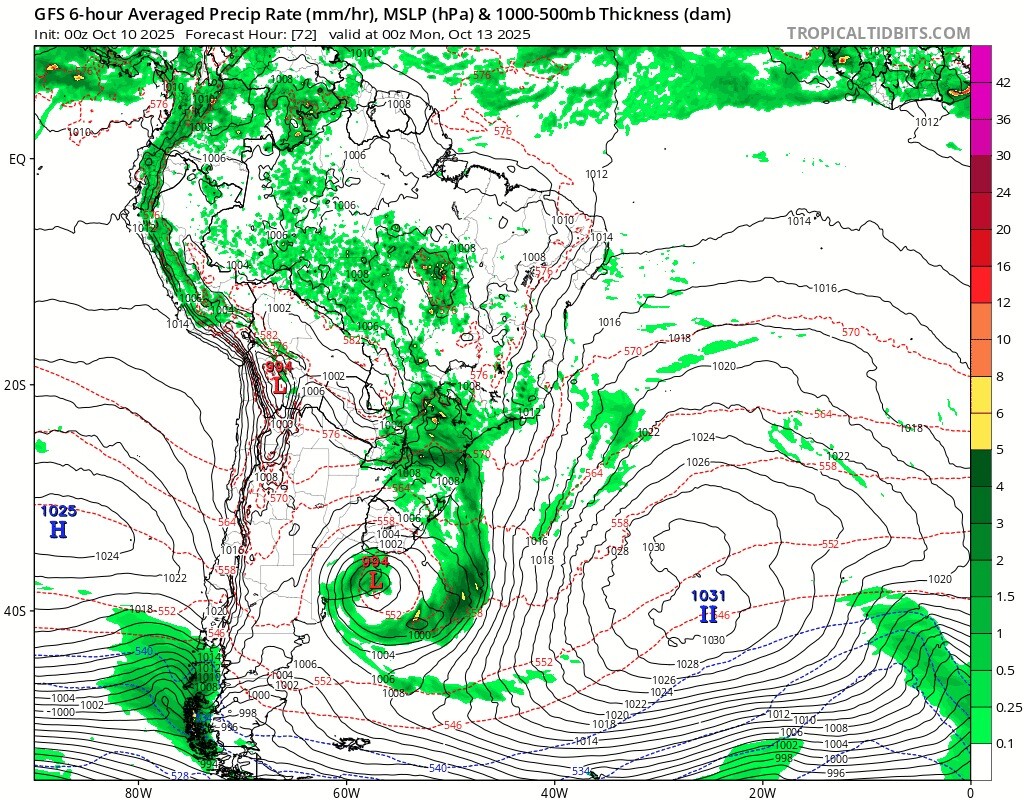 Mapa que muestra el ciclón extratropical que se aproxima a Uruguay para el fin de semana del 11 y 12 de octubre de 2025.
