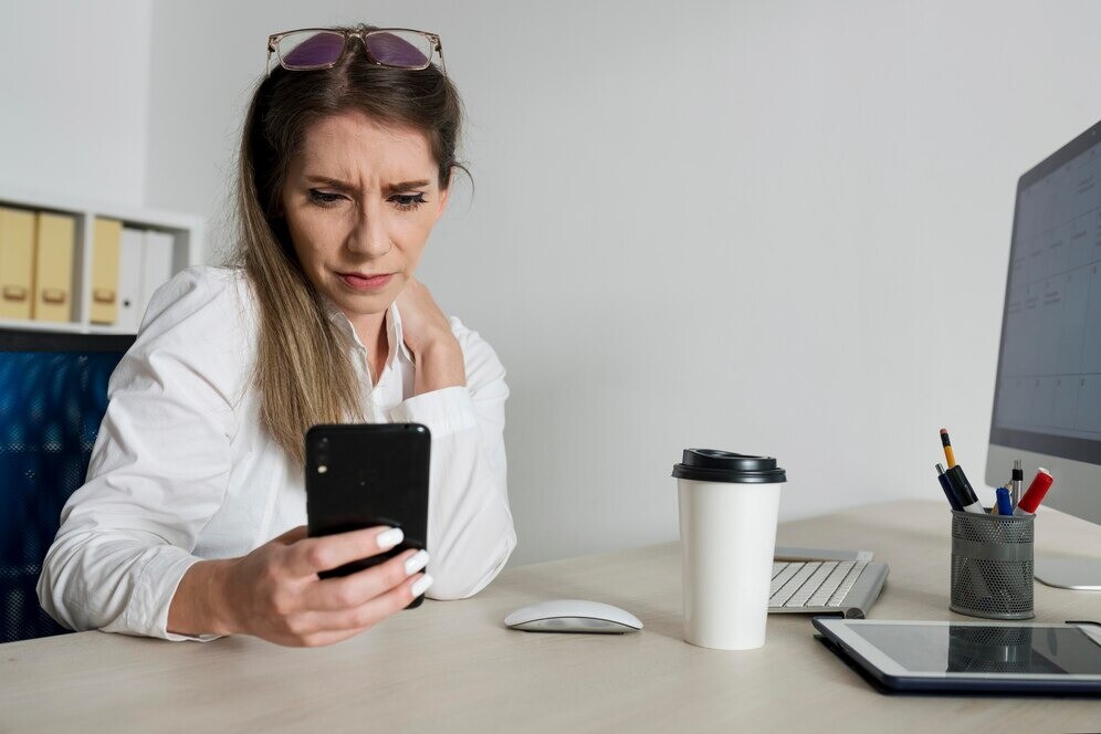 Mujer mira su celular en su escritorio.