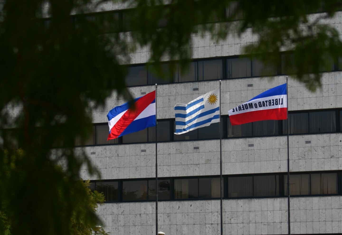 La Bandera de Artigas, el Pabellón Nacional y la Bandera de los Treinta y Tres Orientales, símbolos patrios de Uruguay.