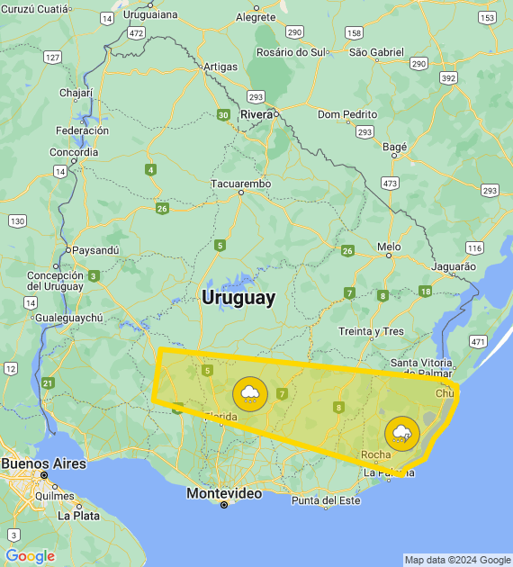Alerta amarilla emitida por Inumet este domingo 2 de junio de 2024.