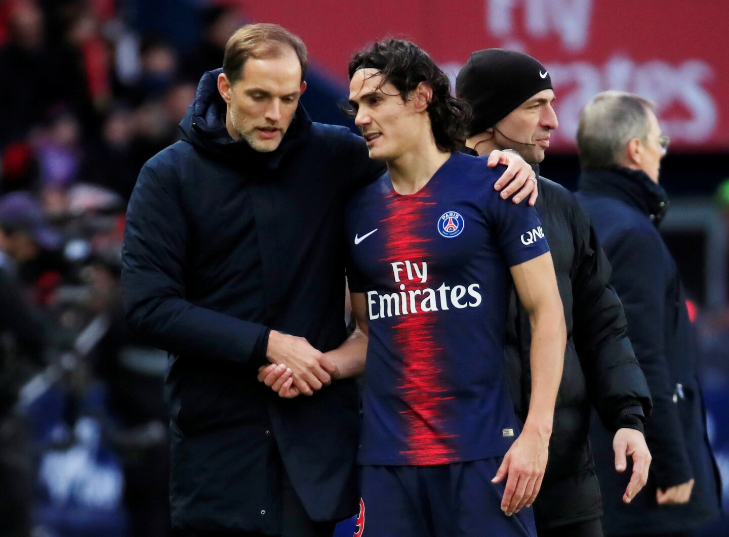 Thomas Tuchel junto al uruguayo Edinson Cavani. Foto: AFP.