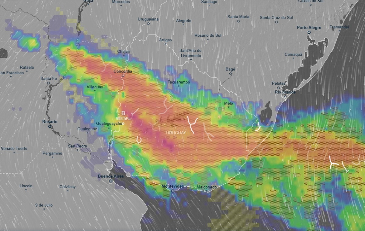 Mapa de precipitaciones previstas para la madrugada del sábado 18 de julio de 2026 en Uruguay, según Ventusky.
