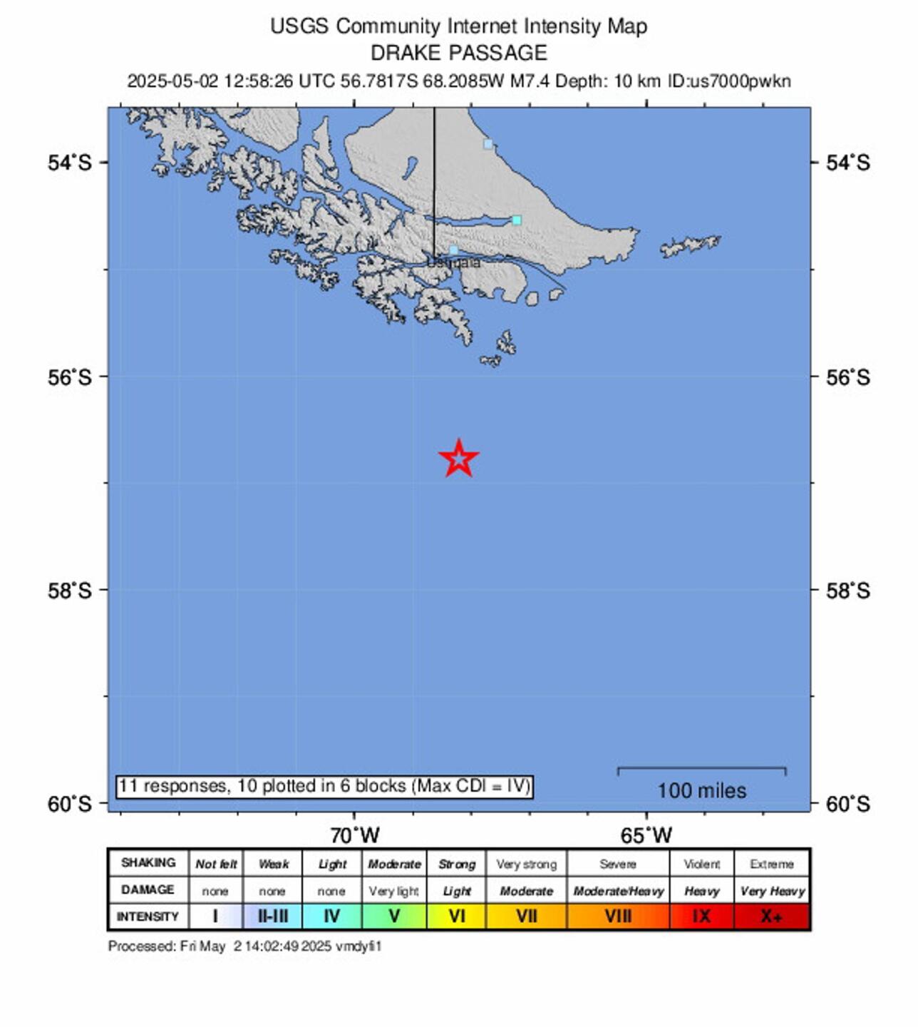 Mapa sísmico del Servicio de Estudios Geológicos de los Estados Unidos (USGS) muestra la ubicación de un terremoto de magnitud 7,4 en Chile.