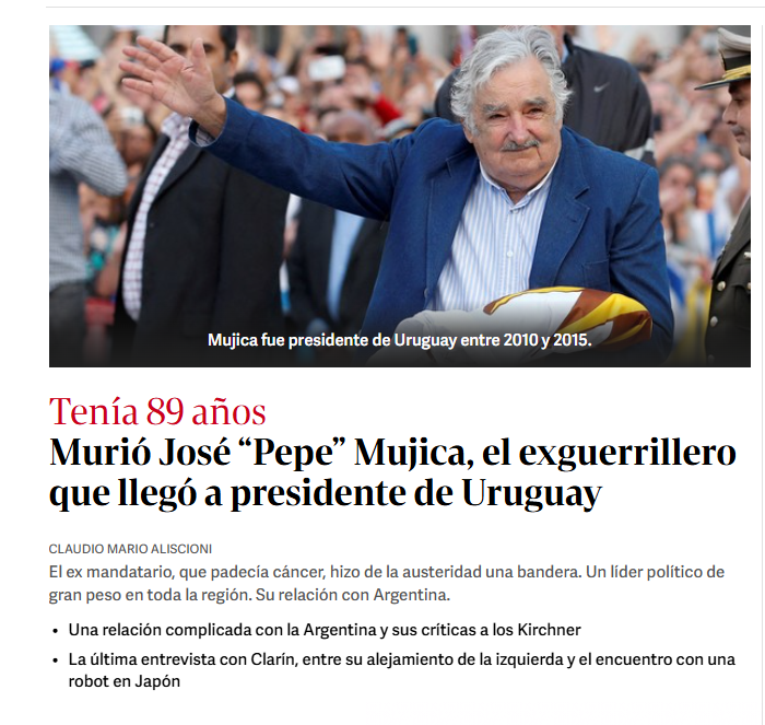 Clarín sobre el fallecimiento de Mujica.