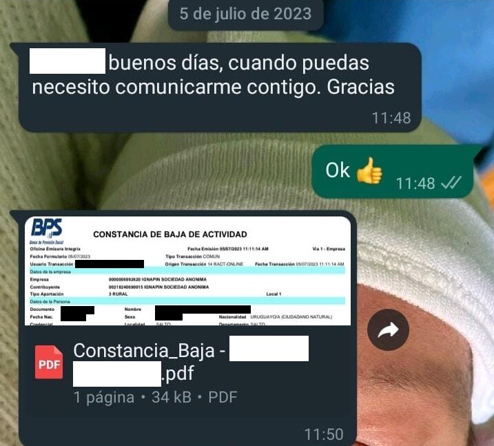 WhatsApp enviado por la empresa Boreal a una empleada, notificándole su despido