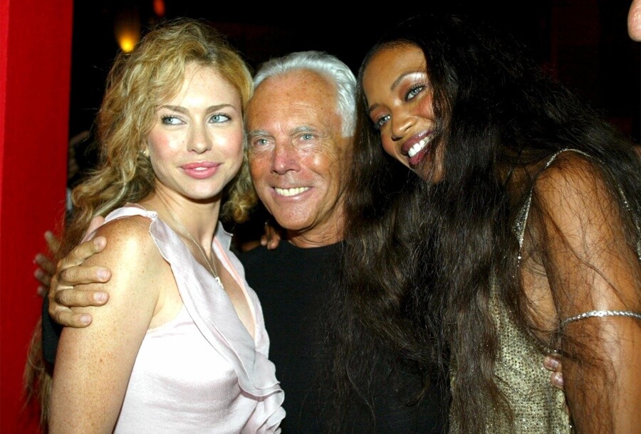 Giorgio Armani con Naomi Campbell e Yvonne Scio