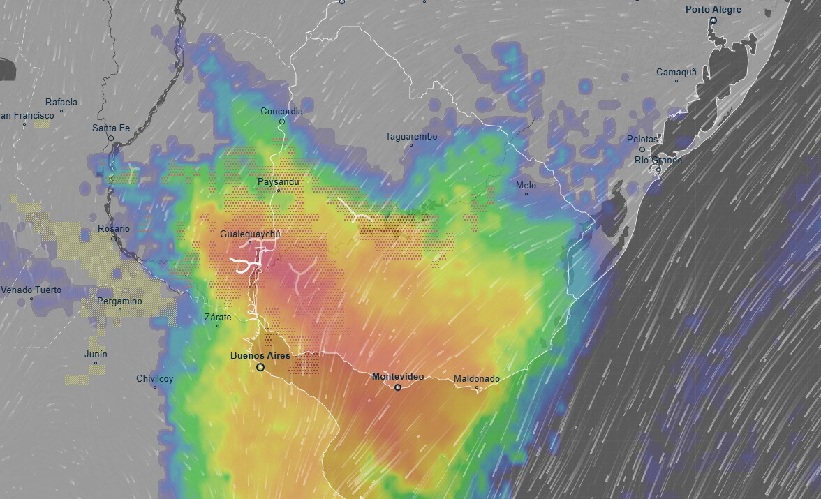 Mapa de precipitaciones acumuladas previstas para la noche del sábado 24 de mayo en Uruguay.