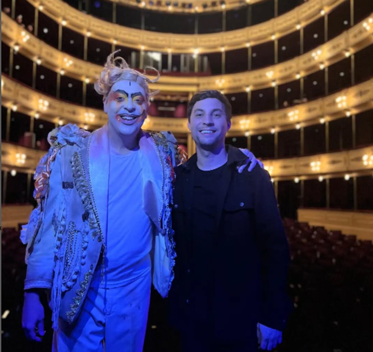 Pinocho Routin y su hijo Camilo en el Solís, durante una de las tantas presentaciones de "Murga Madre".
