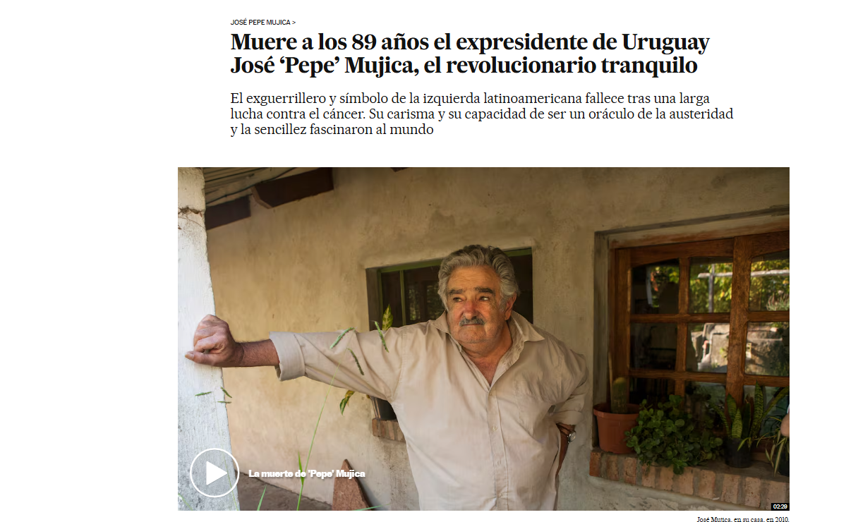 El País de Madrid sobre el fallecimiento de José Mujica.
