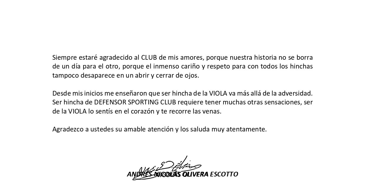 Carta de renuncia de Nicolás Olivera a Defensor Sporting