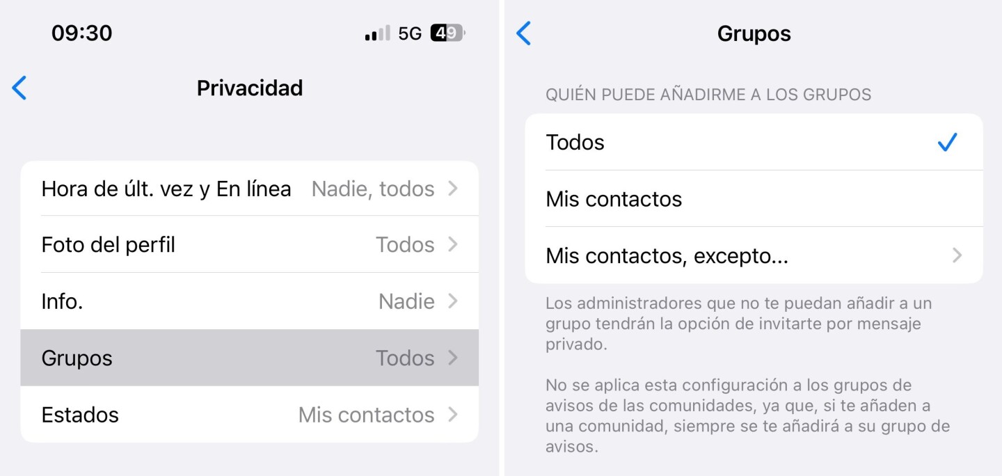 Pasos para activar el control de quién te agrega a los grupos de WhatsApp.