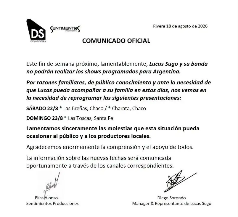 El comunicado con el que Lucas Sugo suspendió su gira por Argentina.