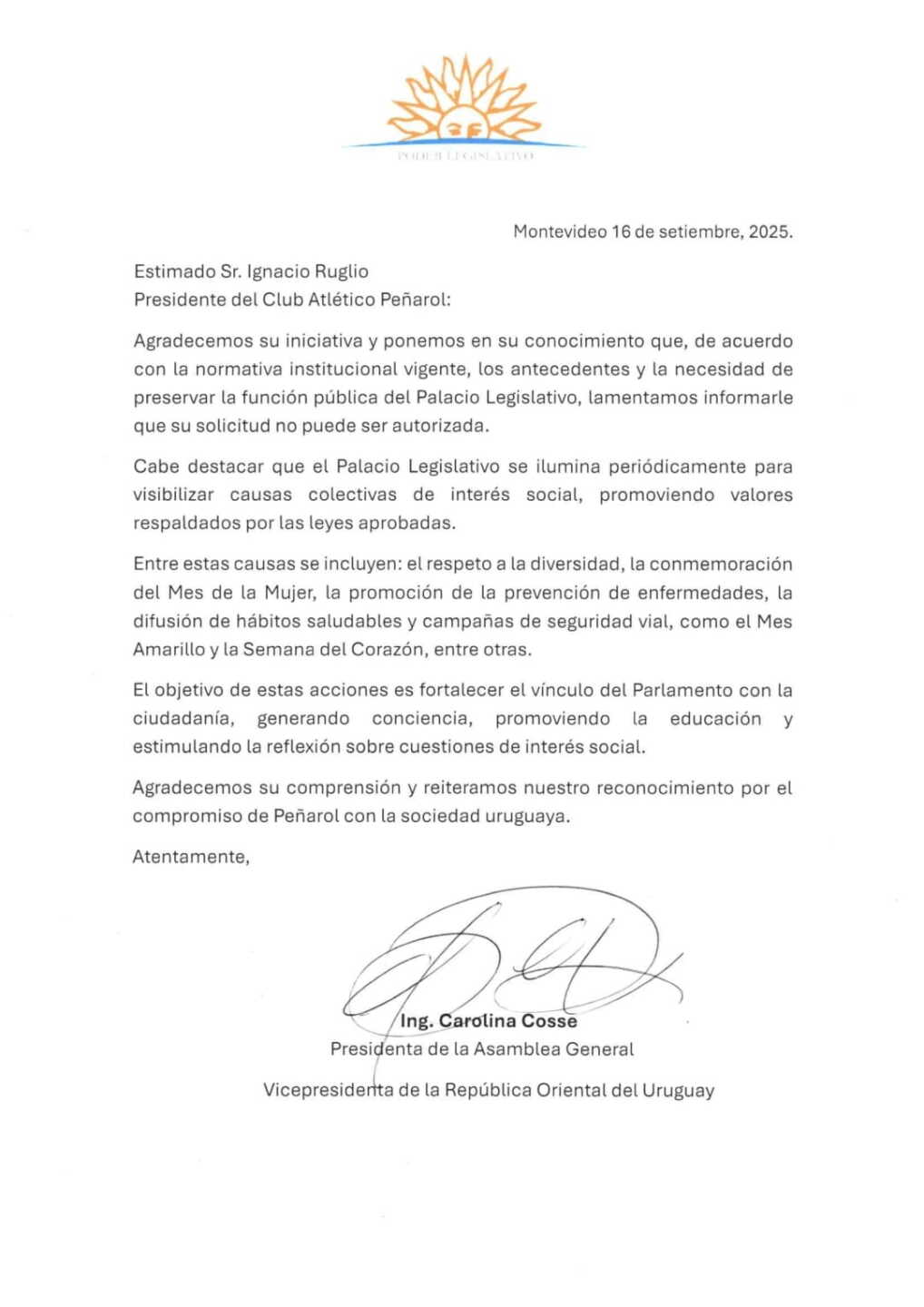La carta de Carolina Cosse.