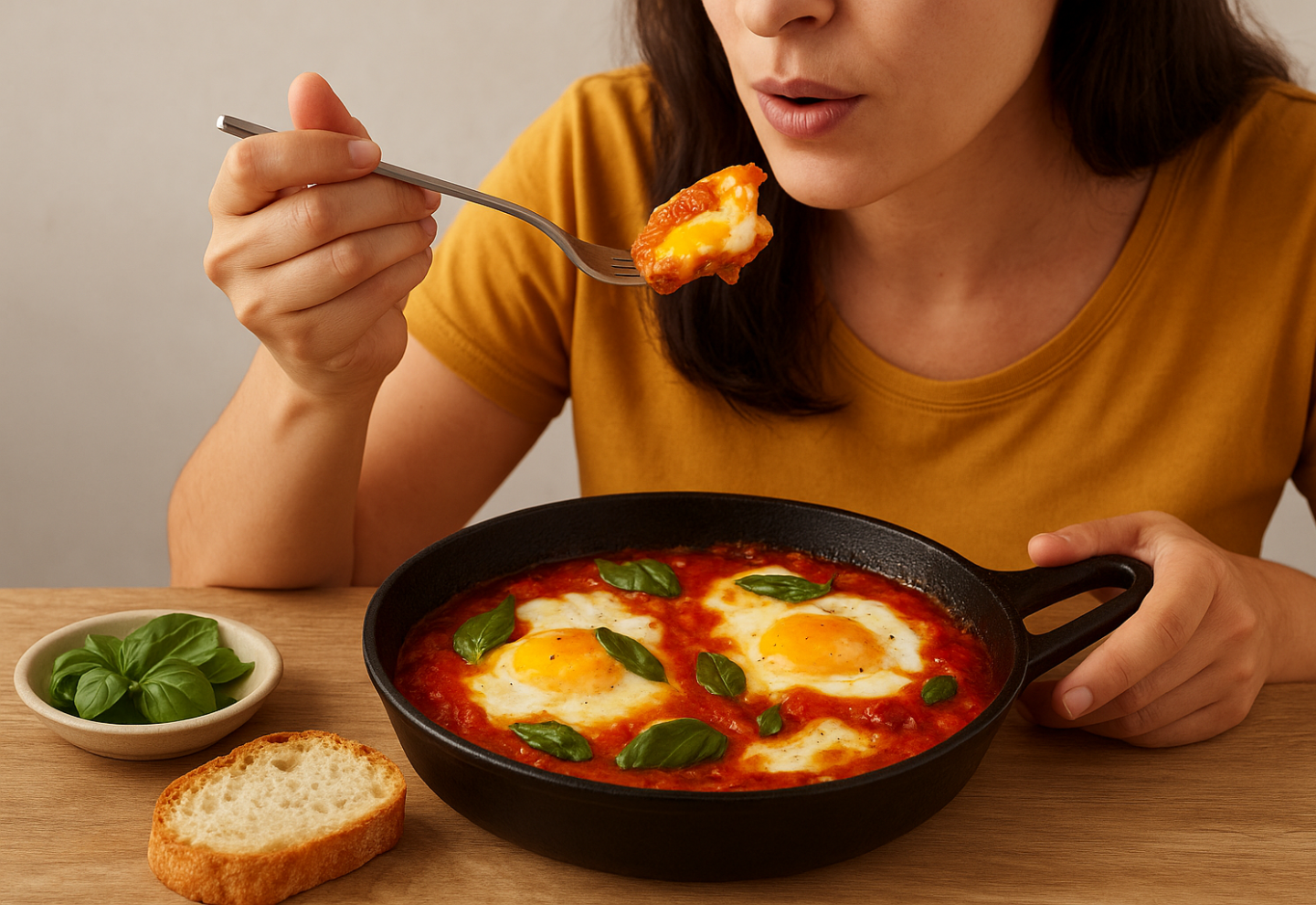Mujer comiendo huevos a la pizzaiola