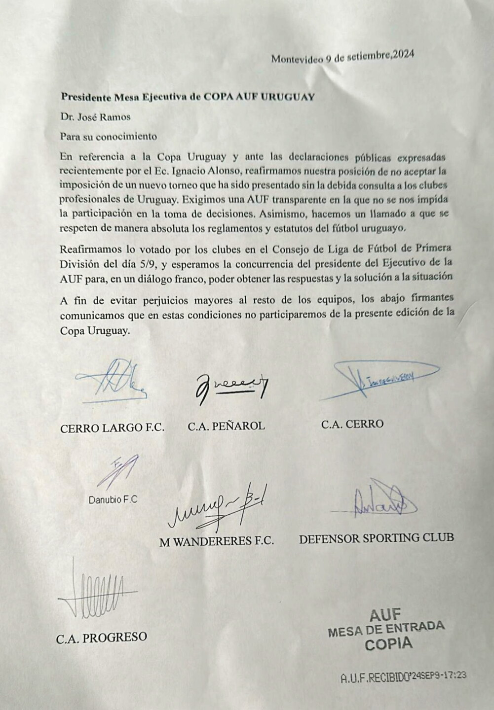 AUF recibió la misiva de siete clubes de Primera División que no jugarán la Copa AUF Uruguay.
