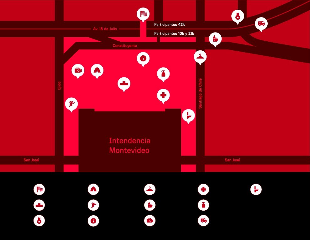 Mapa de los servicios en el lugar de largada y llegada de la Maratón Montevideo