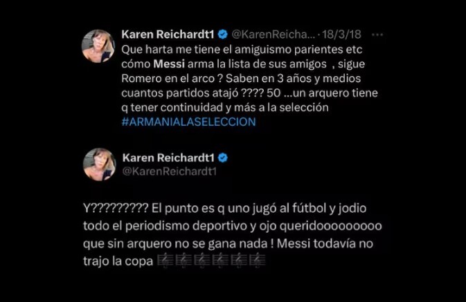 Los posteos de Karen Reichardt en contra de Lionel Messi.