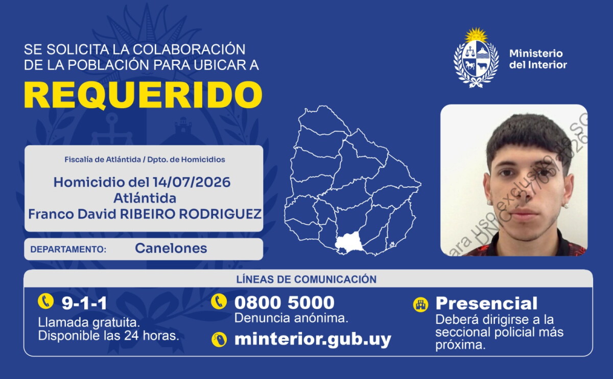 La Jefatura de Policía de Canelones busca a Franco David Ribeiro Rodríguez por el homicido de una mujer en Estación Atlántida.
