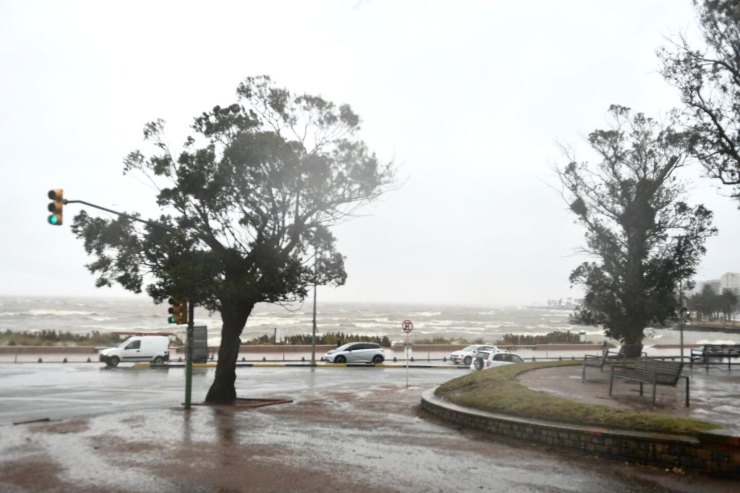 Día de lluvia y viento en la rambla de Montevideo.