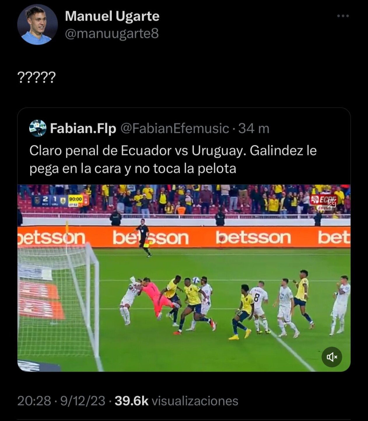 La reacción de Manuel Ugarte tras la jugada polémica en el Ecuador vs. Uruguay.