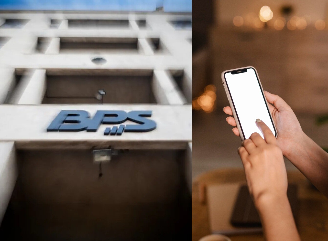 Edificio del Banco de Previsión Social (BPS) y una persona usando un teléfono celular.
