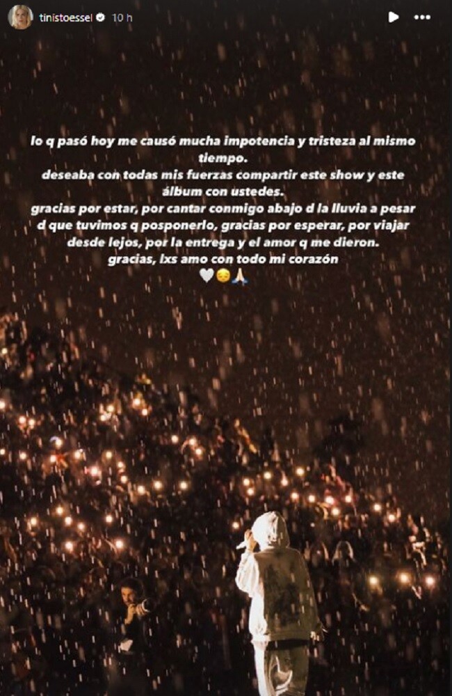 Historia de Instagram de Tini Stoessel por la suspensión del concierto en el Club Hurlingham.