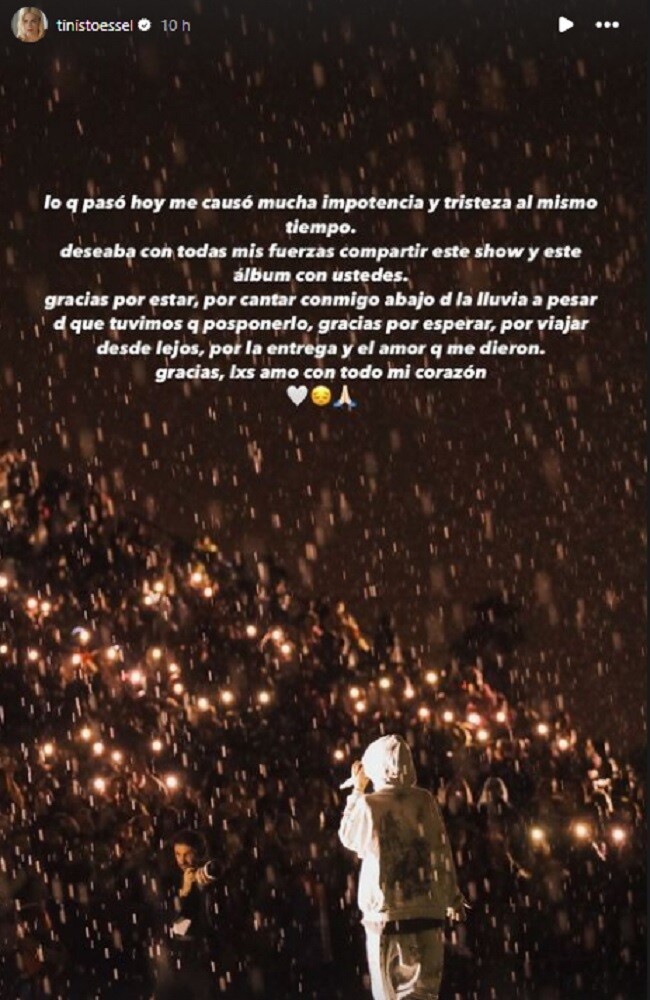 Historia de Instagram de Tini Stoessel por la suspensión del concierto en el  Club Hurlingham.