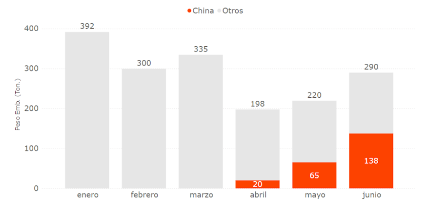 Exportaciones de mondongos de Uruguay por destino en toneladas peso embarque, 2024.