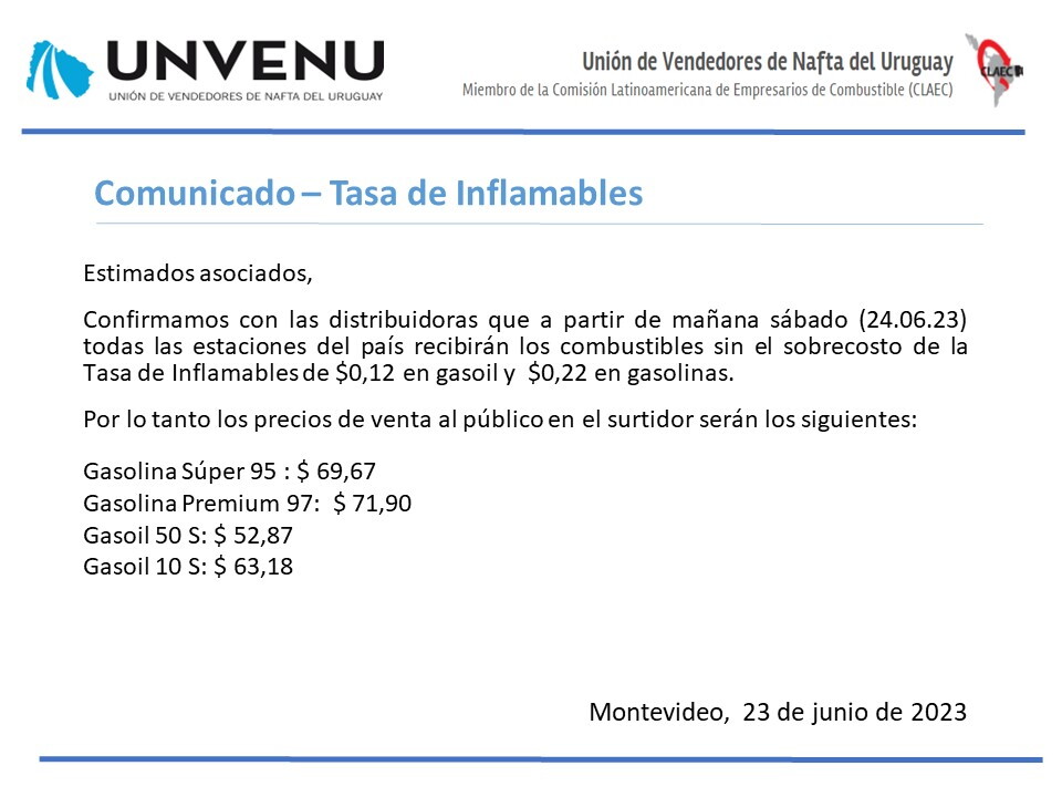 Comunicado de Unvenu - Rebaja de combustibles