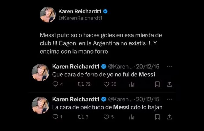 Los posteos de Karen Reichardt en contra de Lionel Messi.