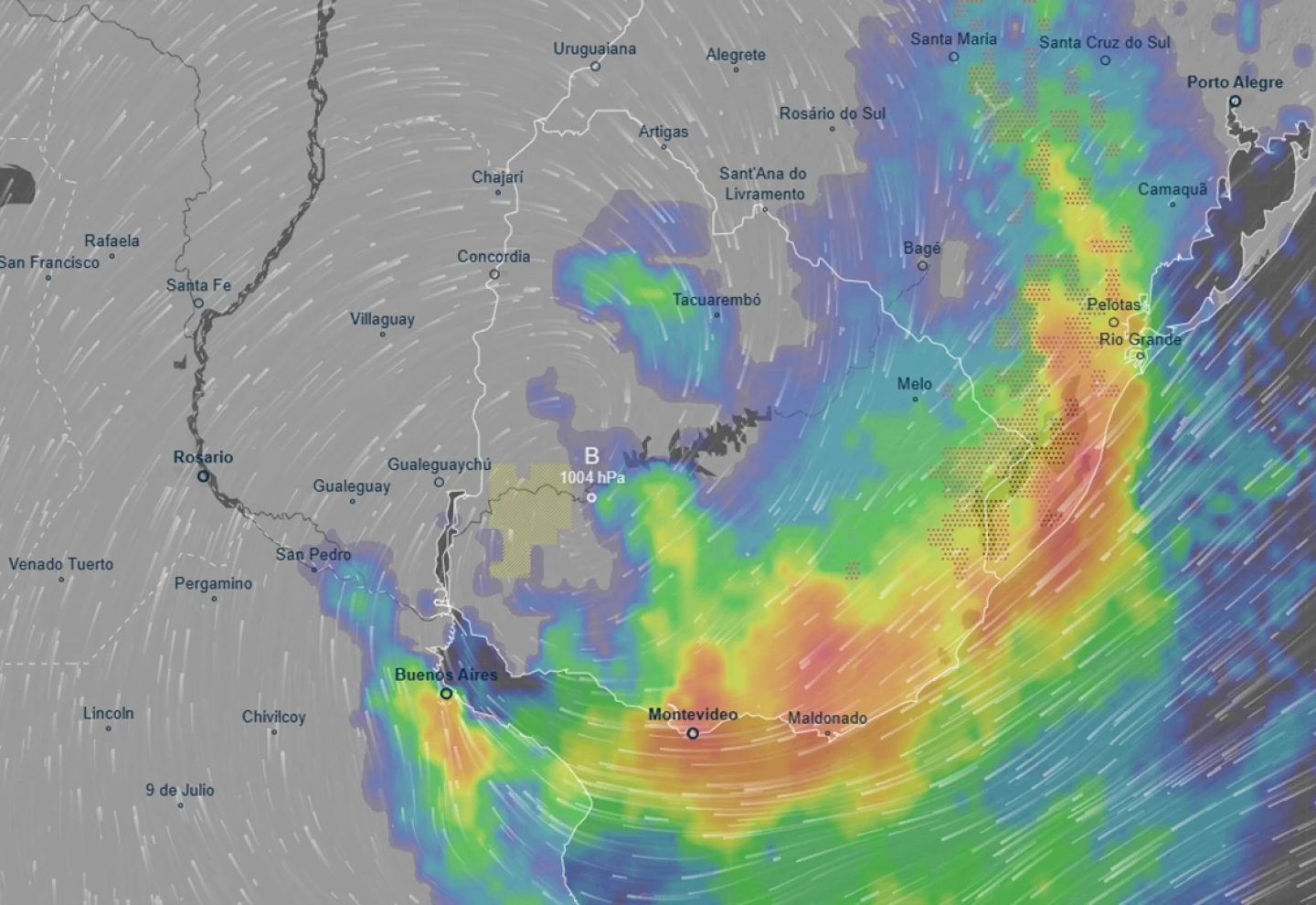 Lluvia prevista para la mañana del jueves 16 de abril de 2026 en Uruguay, según Ventusky.