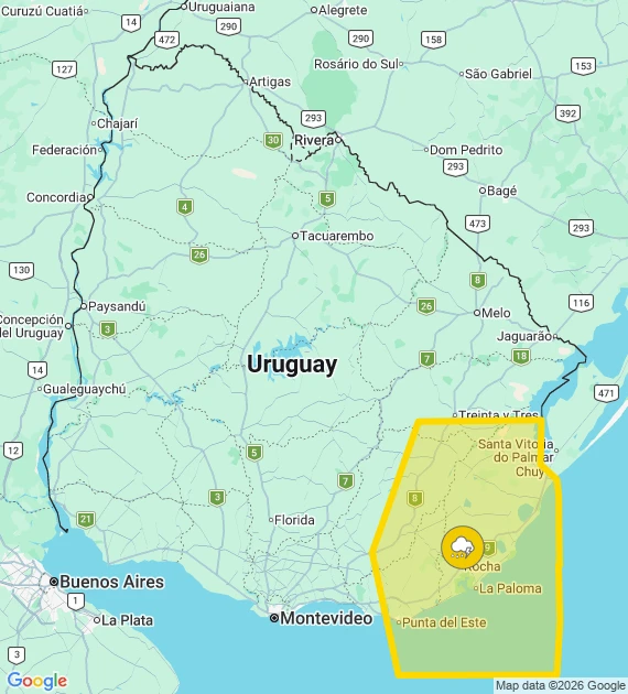 Alerta amarilla de Inumet el 16 de julio de 2026.