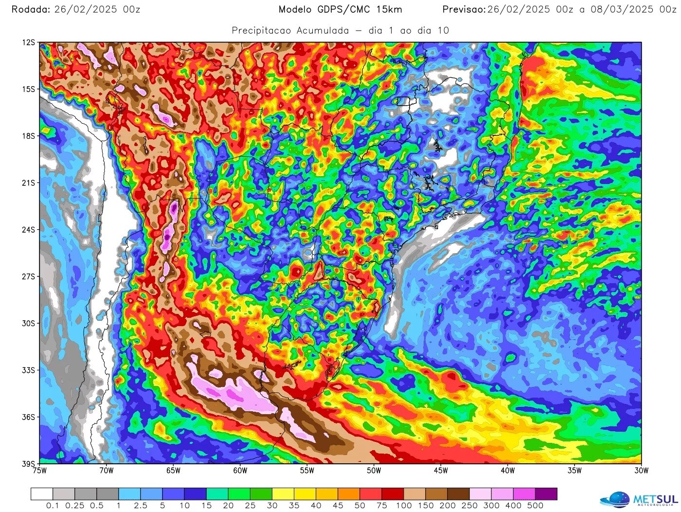 Imagen divulgada por Metsul que muestra el pronóstico de lluvias según el modelo GDPS.